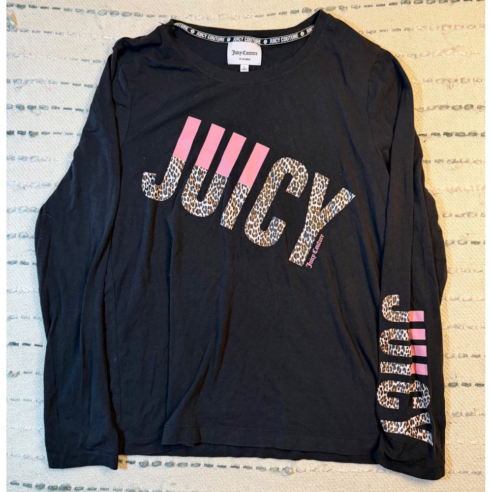 Juicy Couture Black Long Sleeve Leopard Print Pink Logo Graphic Tee Large